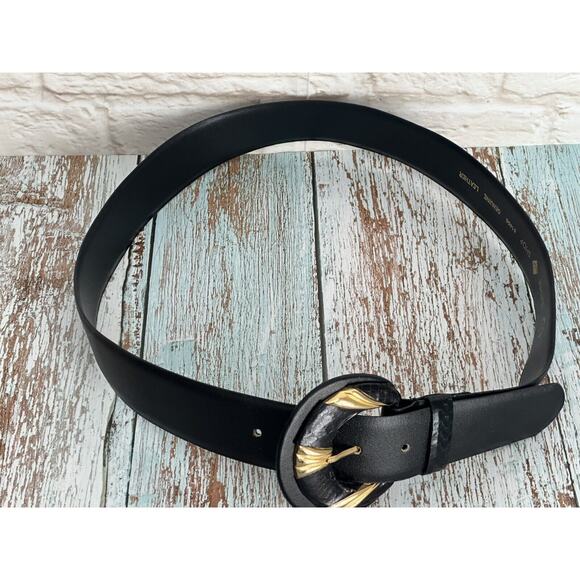 Women's Vintage 1980 Black and Gold Tone Accent Buckle Belt L - Picture 12 of 14